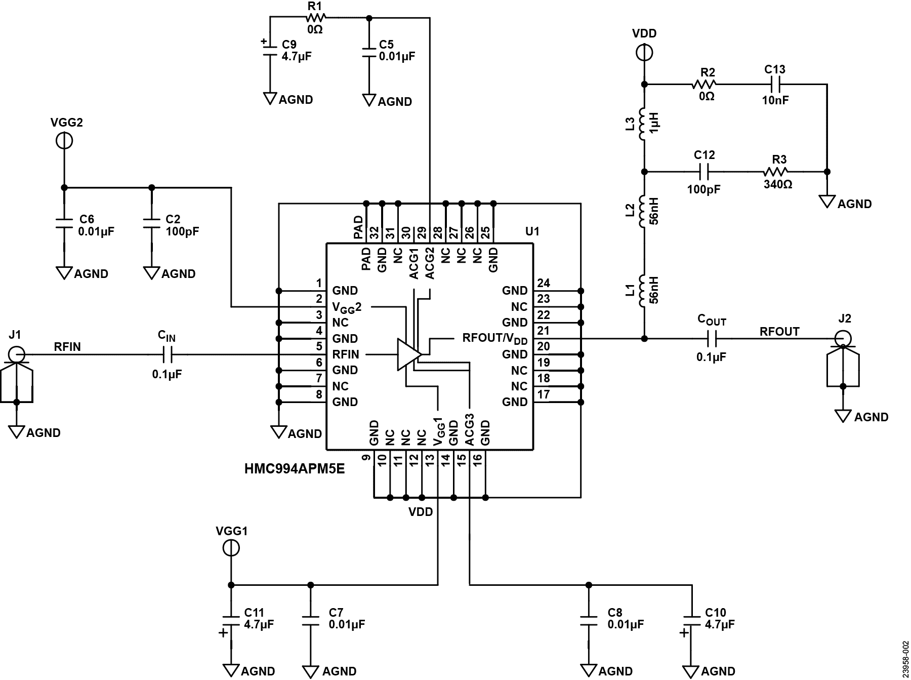 図 4. 表面実装型バイアス・ティーと 10MHz~22GHz の動作に推奨される部品を使用した HMC994APM5E 評価用ボードの回路図