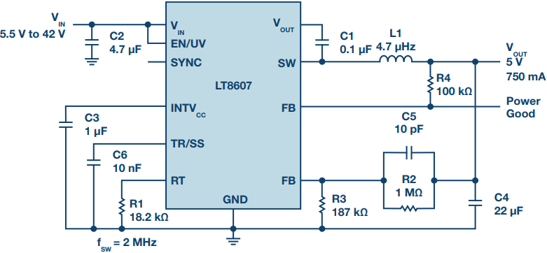 図1. 高効率のLT8607を使用して構成した同期整流方式の降圧レギュレータ。12Vから5Vへの降圧を実現します。