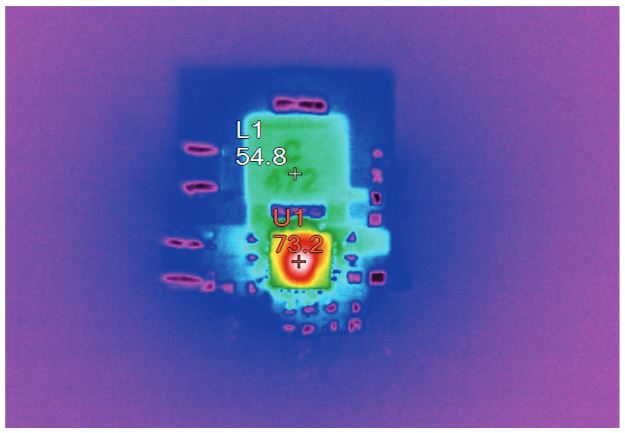図5. LT8640Sを用いた図4の回路の熱画像。スイッチング周波数fSWが1MHz、入力が24V、出力が9V/5A、周囲温度が25℃という条件で測定しました。