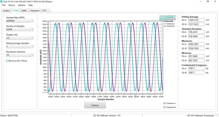 Figure 7. 1kHz Sine and Cosine Waveforms captured by the MAX11198EVKIT.