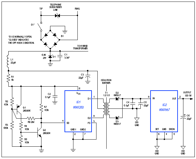 図1. この回路は受話器を外した状態で電流を流し、電話線上の通常の音声またはデータ通信を中断せずに最大150mWの絶縁電力を供給します。