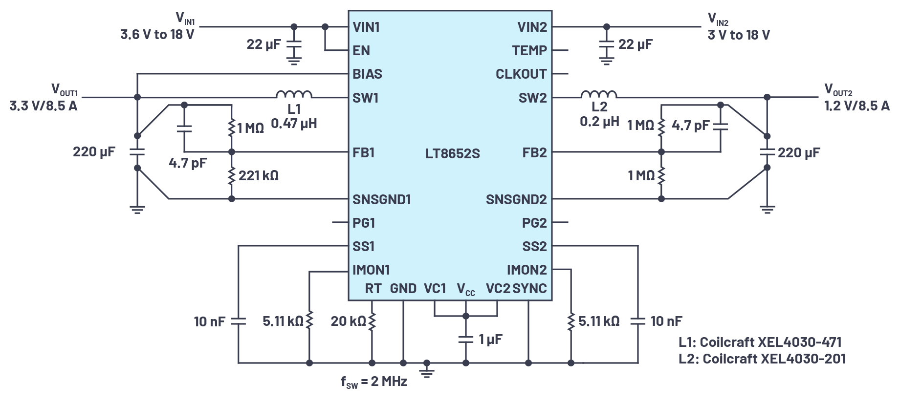 図1 超低EMI放出、デュアル出力のLT8652Sをベースとした、12V入力、3.3Vおよび1.2V出力の同期整流式降圧コンバータ