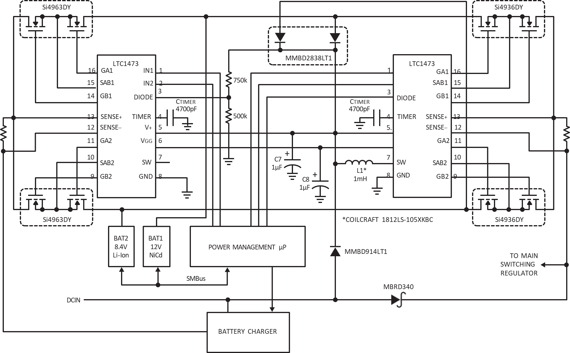 Figure 2. Power Routing Circuit for Microprocessor Controlled Dual Battery System.