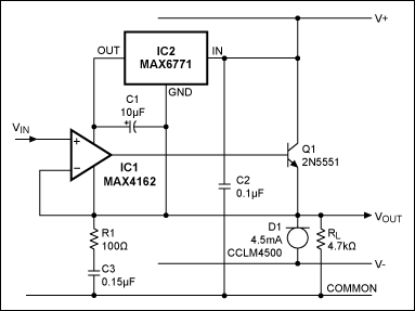 Figure 1. By leveraging a low-dropout regulator, this voltage follower can achieve an extended voltage swing.