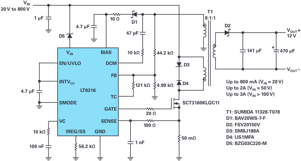 図1 20V~800Vの広い入力範囲を持ち、最小起動電圧が260Vの12V絶縁型フライバック・コンバータの全体図。