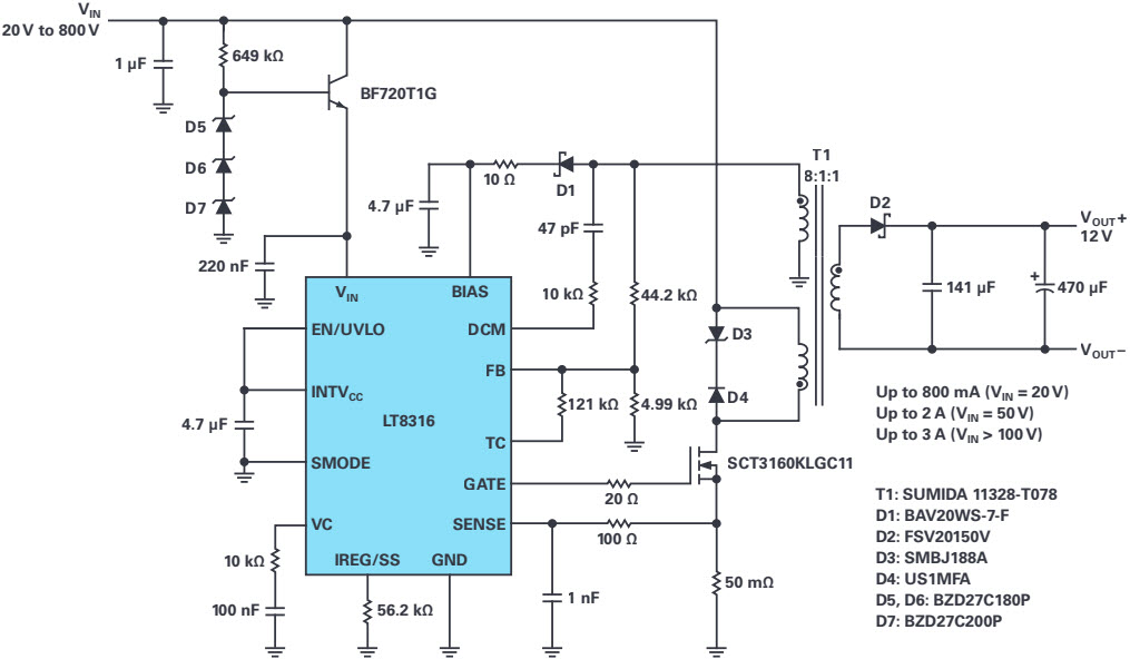図4 絶縁型フライバック・コンバータの回路図:20V~800V入力、12V出力、低起動電圧