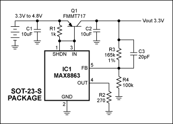 Figure 1. Unusual connections enable this linear-regulator IC to regulate the transistor's base current, forming an overall linear regulator with much lower dropout voltage.