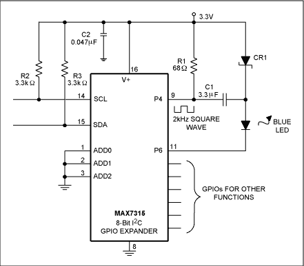 Figure 1. While performing other functions, this GPIO-expander chip can easily drive a blue LED as well. 