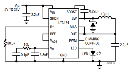 Figure 1. LT3474 High Voltage Buck LED Driver Regulates 1A.