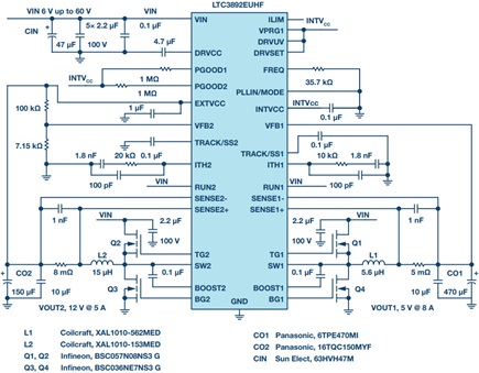 Electrical schematic of LTC3892 in a dual output dc-to-dc converter