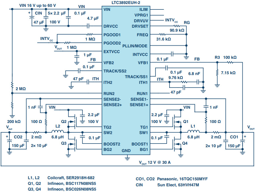 図3. LTC3892-2を使用して構成したシングル出力のDC/DCコンバータ。VOUTは12V/30Aを出力します。