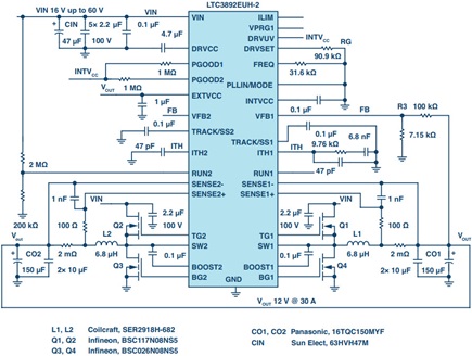 Electrical schematic of LTC3892-2 in a single output dc-to-dc converter