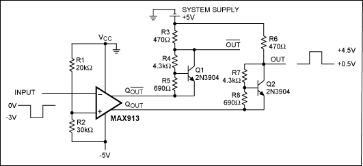 Figure 3. This circuit translates negative output to positive output pulses. It operates with a negative comparator supply and a positive system supply.