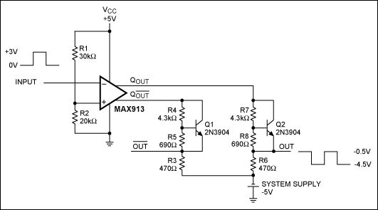 Figure 4. This circuit translates positive output to negative output pulses. It operates with a positive comparator supply and a negative system supply.