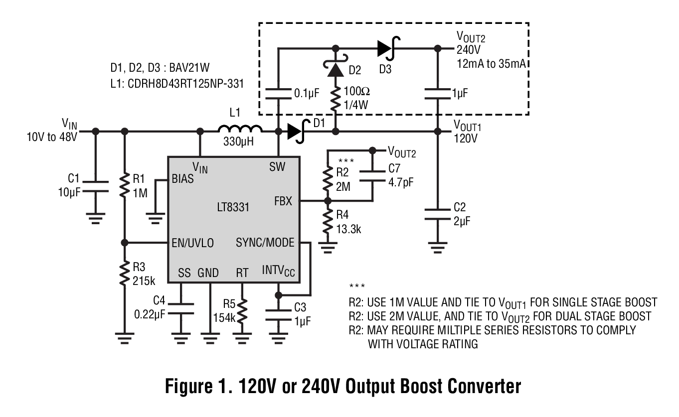 図 1.120Vまたは 240V 出力の昇圧コンバータ
