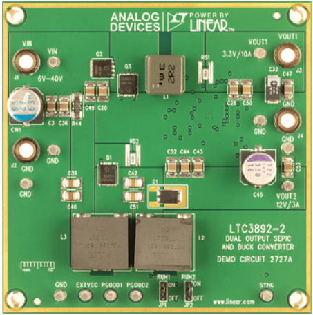図4.DC2727Aのデモンストレーション回路LTC3892が、非結合SEPICと降圧コンバータの2つの出力を制御。