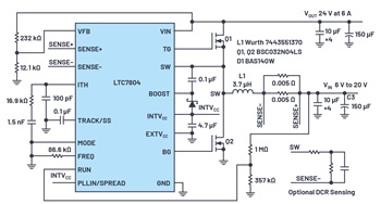 図1. LTC7804をベースとした昇圧コンバータの電気回路図(VIN 6V~20V、VOUT 24V/6A)