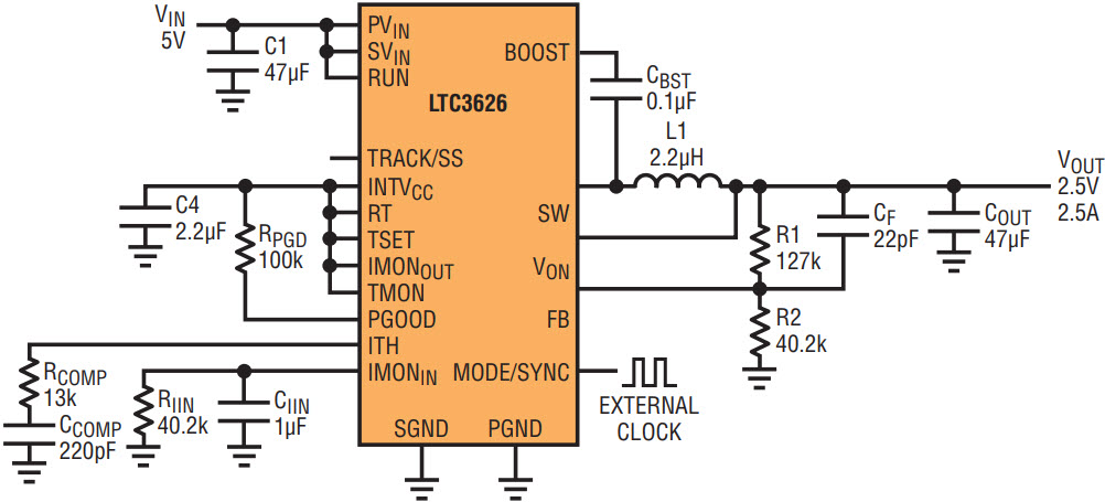 図4.入力電流モニタと475mAの入力電流制限機能を備えた5V入力、2.5V出力(同期周波数1MHz時)のレギュレータ