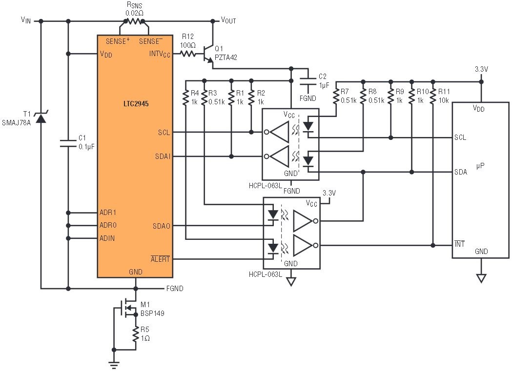 図10.最大200Vのサージ保護を備え堅牢化された4V~80Vハイサイド電力モニタ