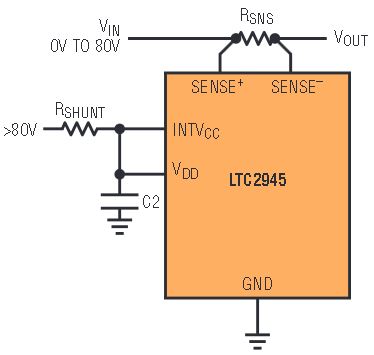 図3b.ハイサイドの電流検出回路構成でローサイドのシャント・レギュレータを通じて電力供給を受けているLTC2945