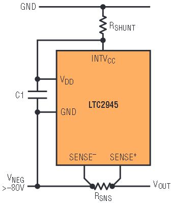 図3c.ローサイドの電流検出回路構成でローサイドのシャント・レギュレータを通じて電力供給を受けているLTC2945