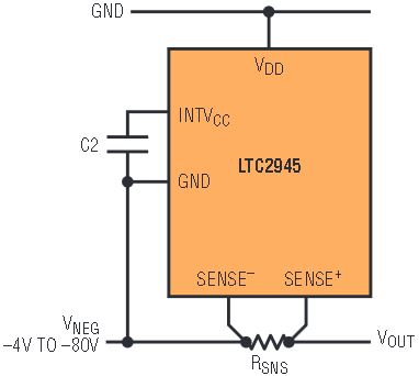 図3d.ローサイドの電流検出回路構成で計測対象の電源から電力供給を受けているLTC2945