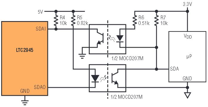 図8.LTC2945とマイクロコントローラ間の10kHz I2Cインタフェースの光絶縁