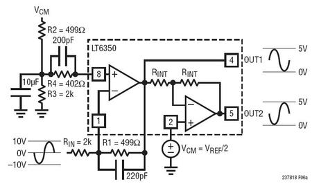 図3. LT6350を使用して構成した回路(その2)。±10Vのシングルエンドの信号を±5Vの差動信号に変換します。