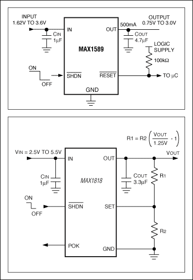 Figure 1. The MAX1589 500mA LDO has preset outputs of 0.75V, 1.0V, 1.3V, 1.5V, 2.5V, and 3.0V. The MAX1818 500mA LDO has preset outputs of 1.5V, 1.8V, 2.0V, 2.5V, 3.3V, and 5.0V or an adjustable output from 1.25V to 5V.