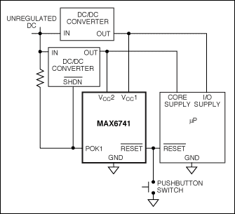 Figure 7. The MAX6741 monitors two voltages and generates a reset signal if either drop out of tolerance.