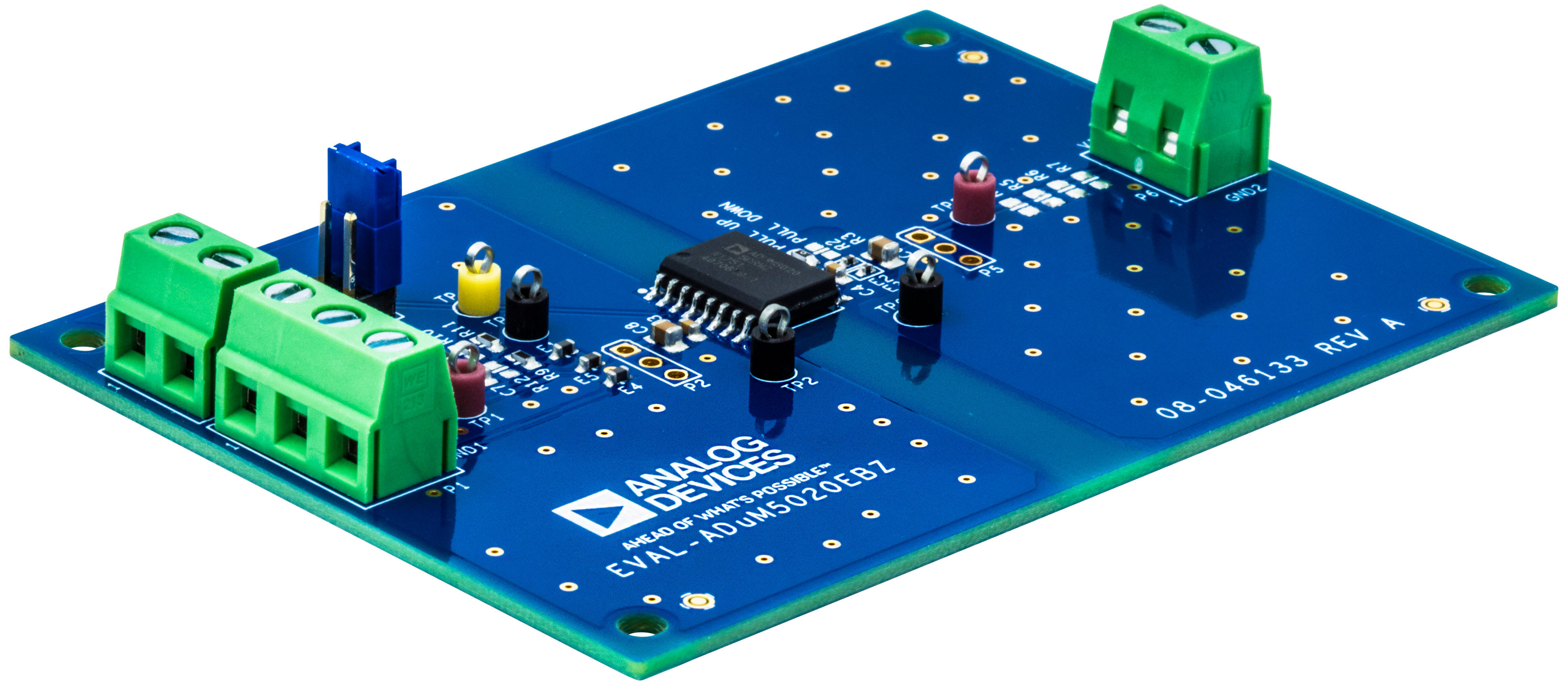 図2. ADuM5020を実装したプリント回路基板。シンプルかつコンパクトなレイアウトで実現されています。