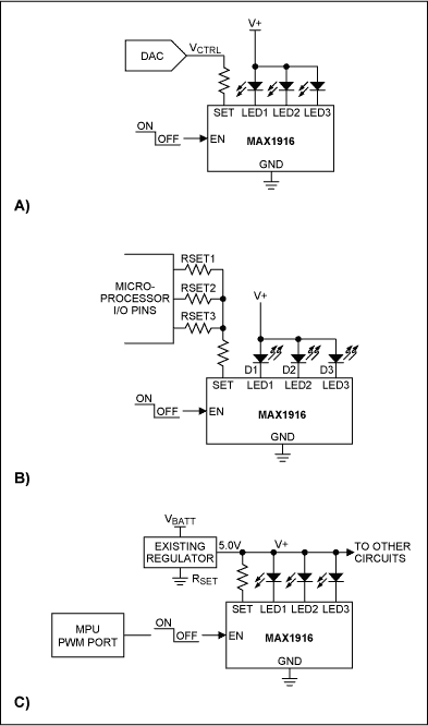 図5. MAX1916を用いて白色LEDの電流を調整する3つの方法。