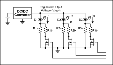 図10. MOSFETを用いた調光(R1a～R3aに並列な抵抗器R1b～R3bを切り替える)。