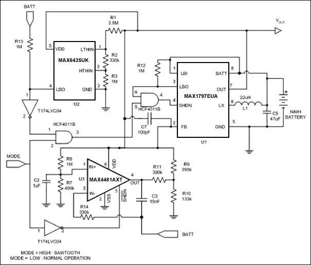 Figure 1. Powered by a single NiMH cell, this circuit output simulates the discharge characteristic of a Li+ battery