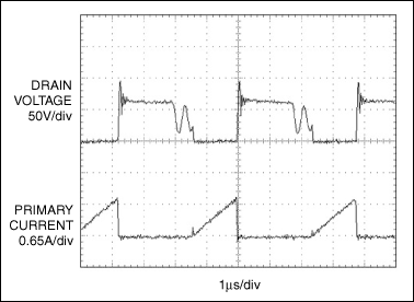 Figure 2. This scope photo shows Figure 1's circuit operating at VIN = 36V, VOUT = 5V, and IOUT = 1A. The switching MOSFET (Q1) exhibits drain voltage (upper trace) at 50V/div, and primary current (lower trace) at 0.65A/div.