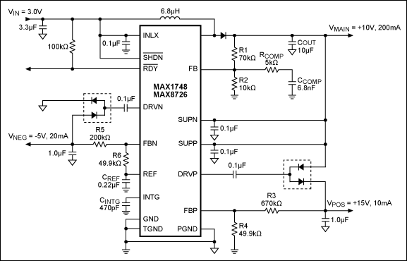 図13. MAX1748/MAX8726は、3つのアルカリセルまたは1つのシングルリチウムイオン(Li+)セルから3つの独立した出力を生成します。