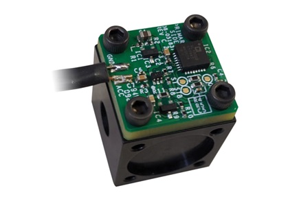 Vibration measurement test setup: the EVAL-CN0532-EBZ board attached to a shaker table
