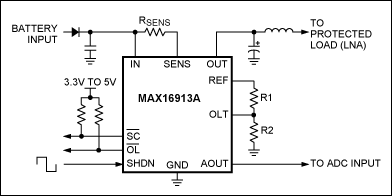 図1. MAX16913AリモートアンテナCSAおよびスイッチの標準動作回路。