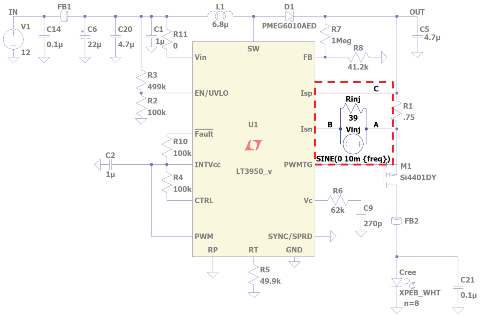 図2. LTspiceによるシミュレーション用の回路。LT3950のデモ用ボード「DC2788A」で使われている回路をベースとしています。制御ループの部分に、ノイズの注入と測定を行うための変更を加えました。