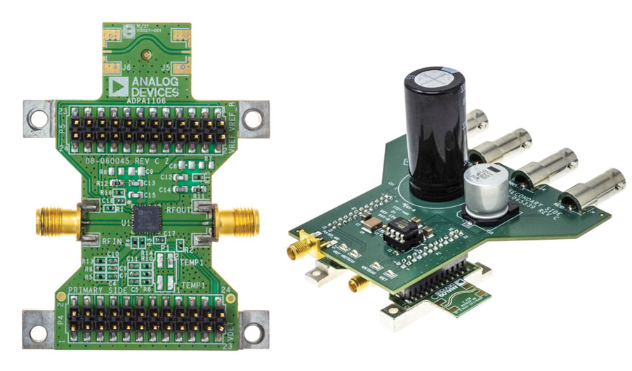 図4. GaN PA（ADPA1106）の評価用ボード（左）とパルサ・ボード（右）。パルサ・ボードには、蓄電コンデンサが実装されています。そのため、幅の広いパルスに対応して電力のレベルを維持することができます。また、評価用ボードについては、PAの近くにデカップリング・コンデンサが実装されています。