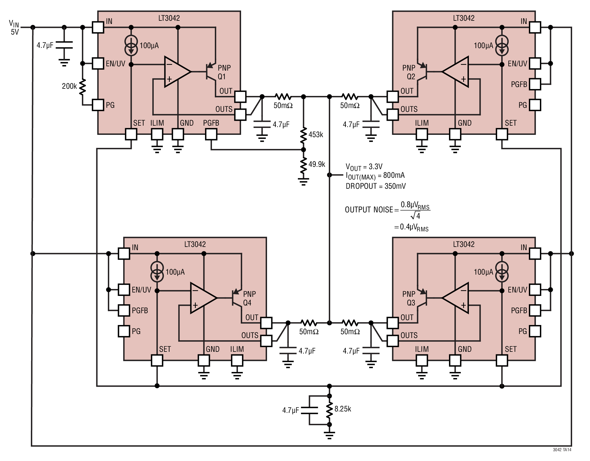 Paralleling Multiple LT3042s for Higher Output Current