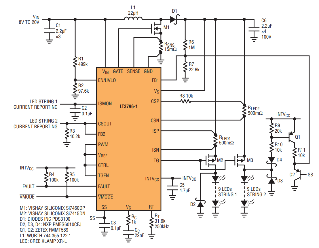 図1.不良 LEDの検出機能と保護機能を備えた 2列のLEDの昇圧LEDドライバ