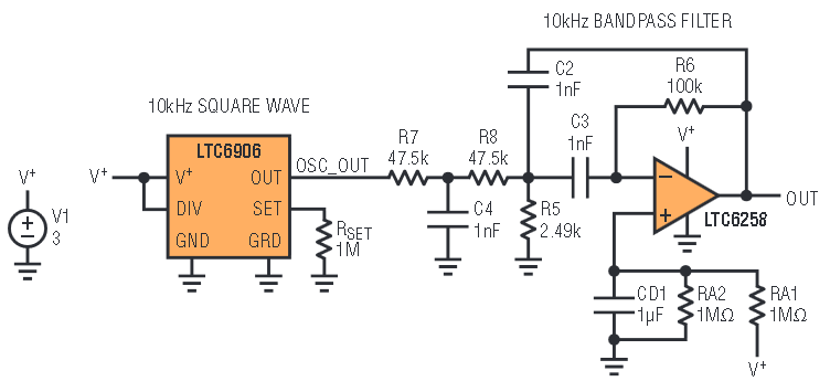 図6. LTC6906 TimerBlox®入力を使用した10kHz発振器回路