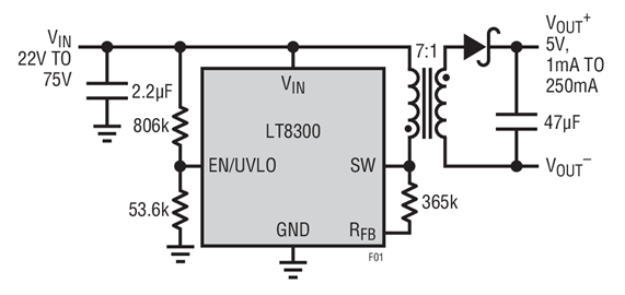 A Complete 5V Flyback Converter for a 22V to 75V Input