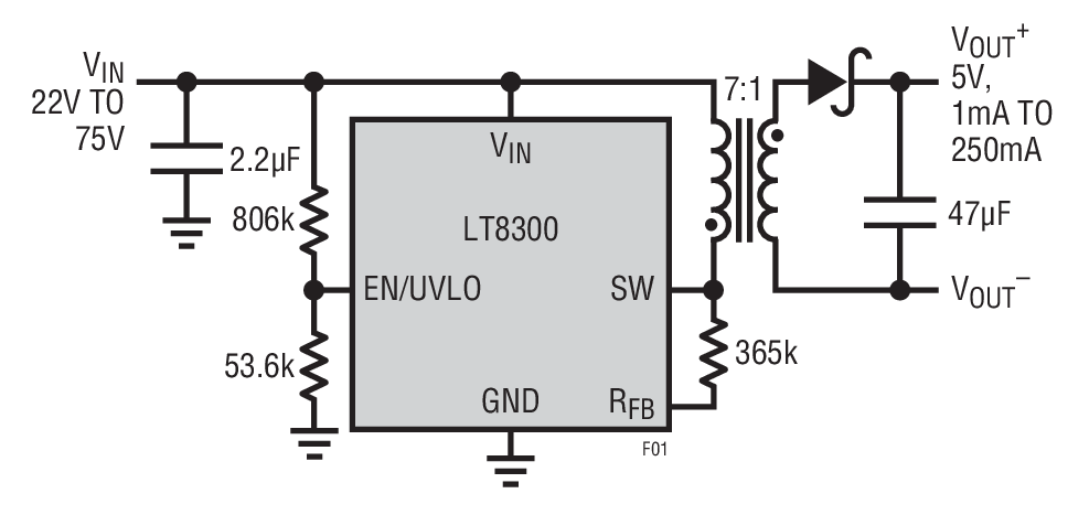 A Complete 5V Flyback Converter for a 22V to 75V Input