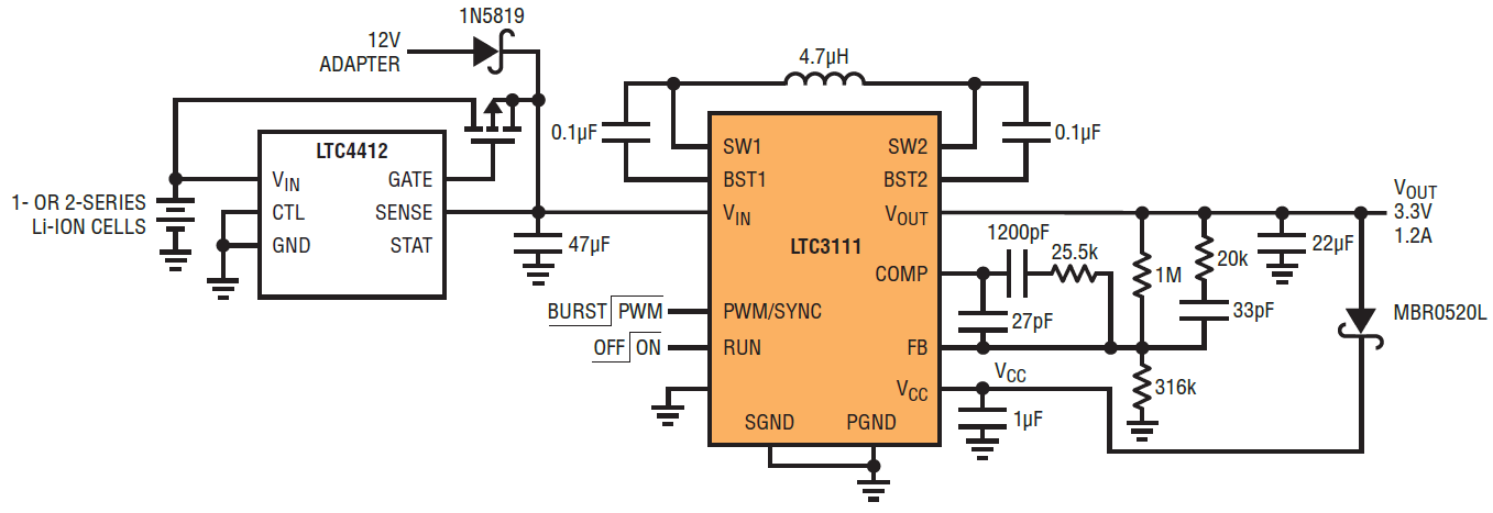図5.LTC4412 PowerPath™コントローラが、 最も高い電圧入力を選択して、LTC3111コンバータの電力を供給