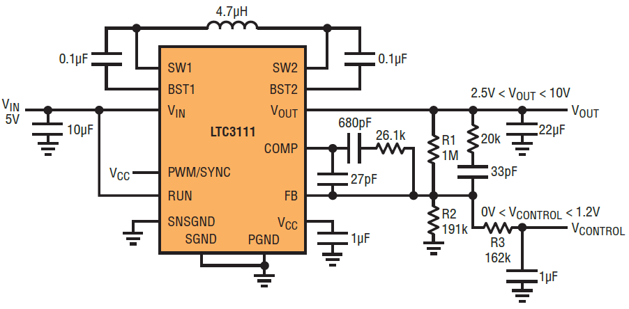 図8.可変出力電源として構成した LTC3111