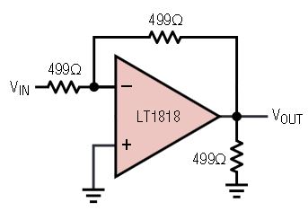 図1. ゲインを–1に設定した場合のLT1818（または競合他社のアンプ）のテスト回路。