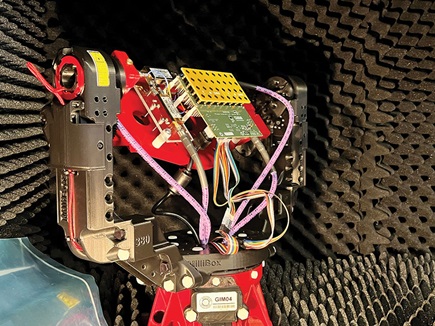 Figure 2b. 10 GHz antenna array, analog beamforming board, and splitter network mounted to MilliBox GIM04-380 3-axis positioner.