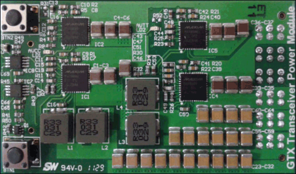 図13. Xilinx ML623基板と併用するXilinx Virtex-6 GTXトランシーバ向け2相MAX8686電源。Xilinx SP623基板と併用するXilinx Spartan-6 GTPトランシーバ向けの同様の基板もございます。